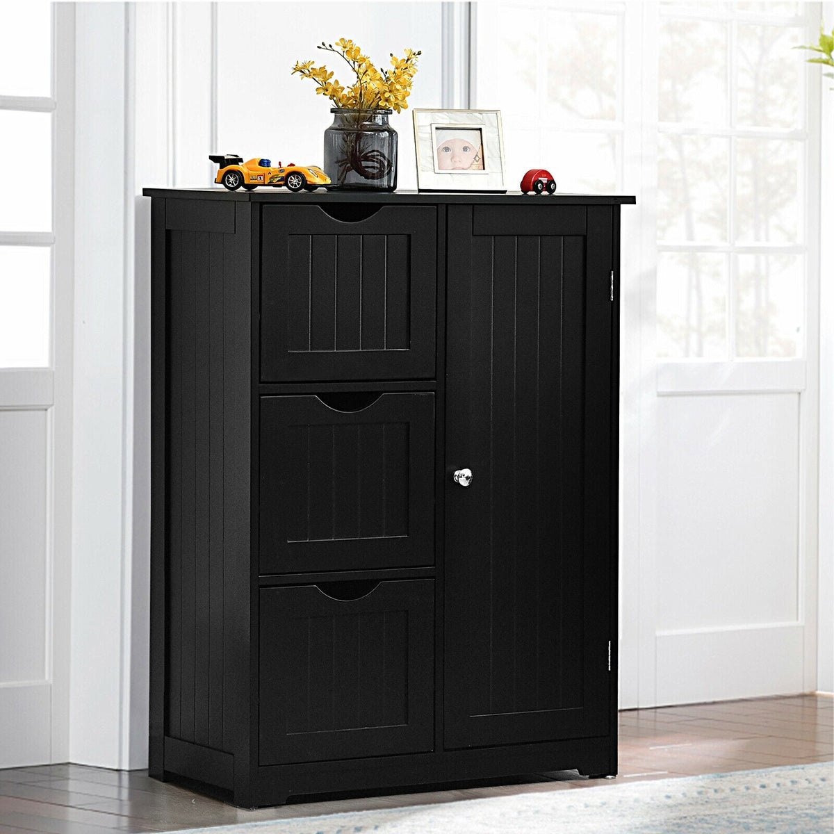 Bathroom Floor Cabinet Side Storage Cabinet with 3 Drawers and 1 Cupboard