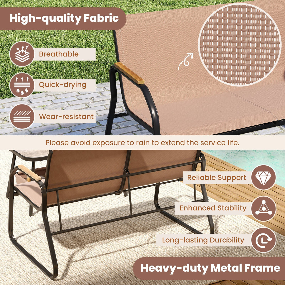 4 Pieces Patio Furniture Set with Rocking Bistro Chairs and Breathable Mesh Fabric-Coffee