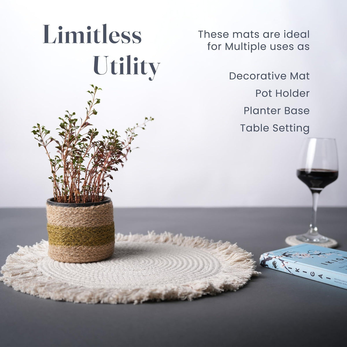 The Fine Living Co. Braided Cotton Placemats (Set of 6 15 Inches) with 6 Free Coasters Washable Anti Slip Heat Resistant Mats Boho Woven Round Table Mats for House Decor Kitchen and Dining