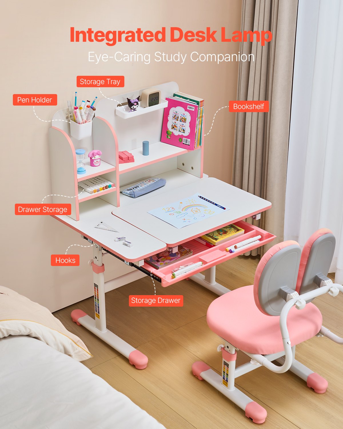 Kids Study Chair And Desk Set, Study Desk And Chair For Kids With Drawer, Adjustable Height & 0-40° Tilted Desktop Desk And Chair, Study Table For Bedroom & Study Room, Pink