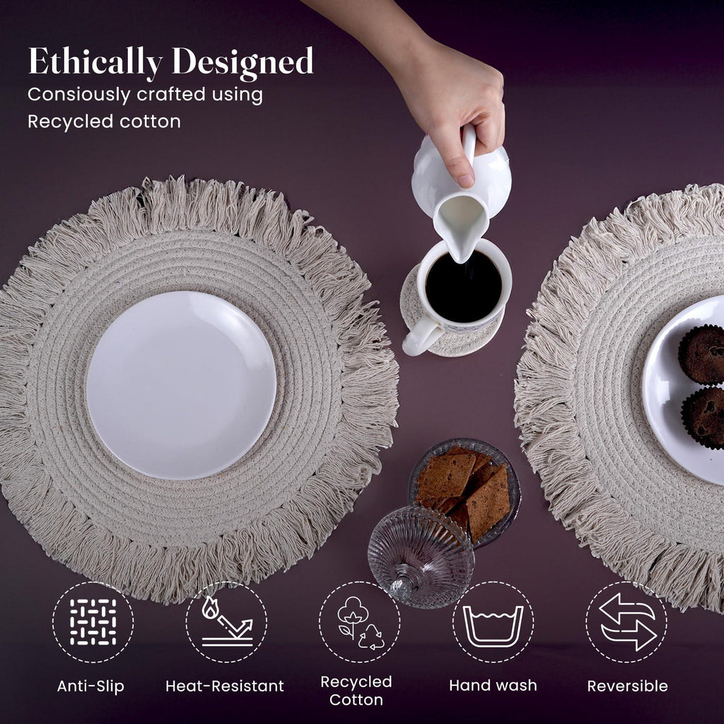 The Fine Living Co. Braided Cotton Placemats (Set of 6 15 Inches) with 6 Free Coasters Washable Anti Slip Heat Resistant Mats Boho Woven Round Table Mats for House Decor Kitchen and Dining