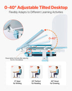 Kids Study Chair And Desk Set, Study Desk And Chair For Kids With Drawer, Adjustable Height & 0-40° Tilted Desktop Desk And Chair, Study Table For Bedroom & Study Room, Blue