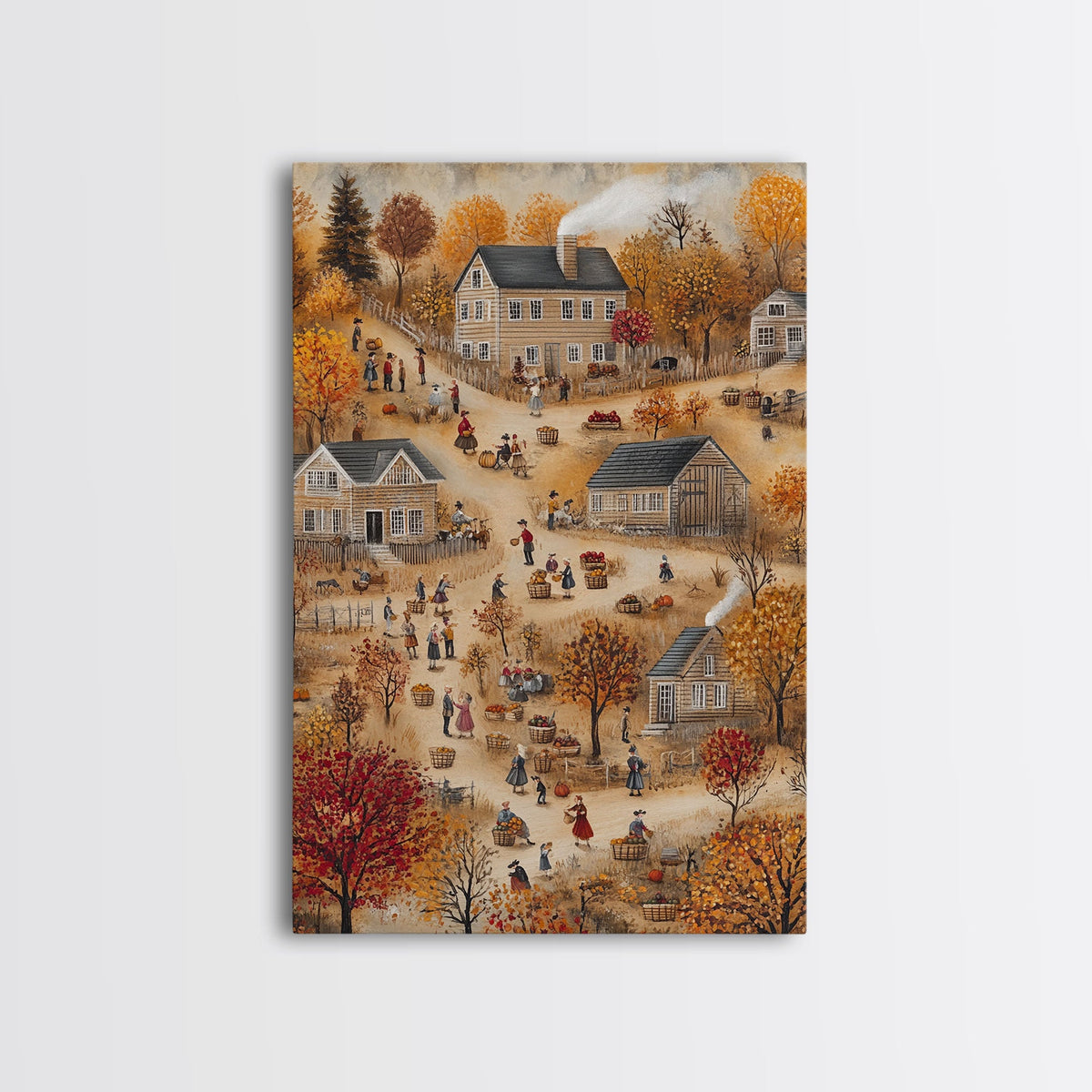 Folk Art Harvest Scene with Autumn Colors and Cozy Farm Activities, Perfect for Framed Canvas Print and Seasonal Wall Decor