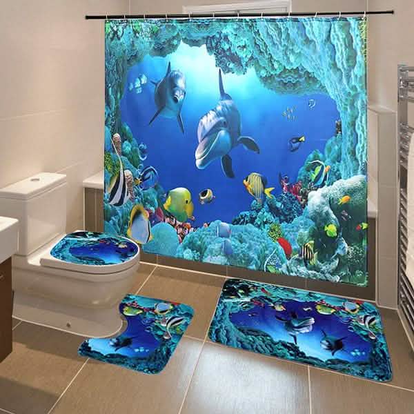 3D Printing Waterproof Shower Curtain Pedestal Rug Toilet Cover Bath Mat Set