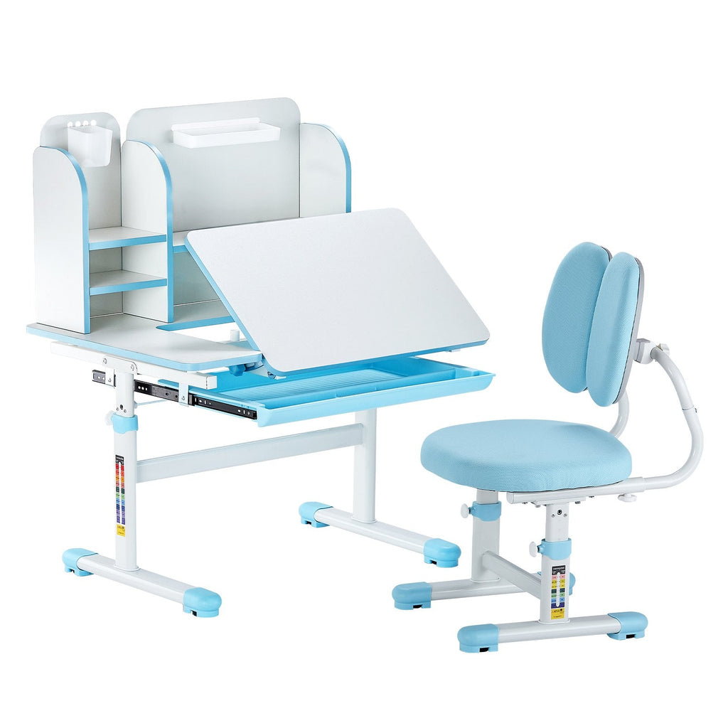 Kids Study Chair And Desk Set, Study Desk And Chair For Kids With Drawer, Adjustable Height & 0-40° Tilted Desktop Desk And Chair, Study Table For Bedroom & Study Room, Blue