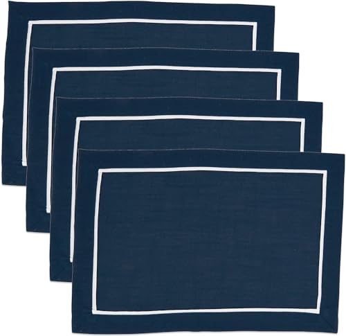 Fennco Styles Pleated Design Navy Blue Placemats 13" W X 19" L, Set of 4 - Classic Border Table Mats for Everyday Use, Dining Room Décor, Family Gatherings and Special Occasions
