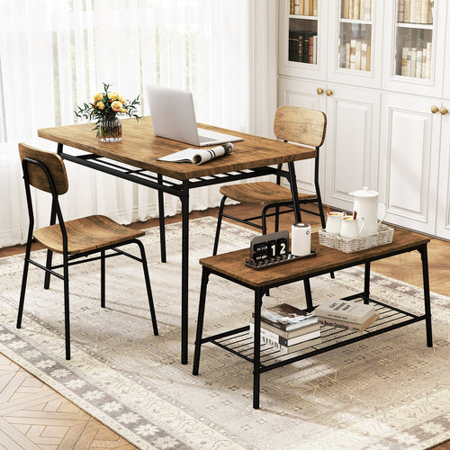 4 Piece Dining Table Set for 4 Metal Frame with Bench and 2 Chairs-Brown