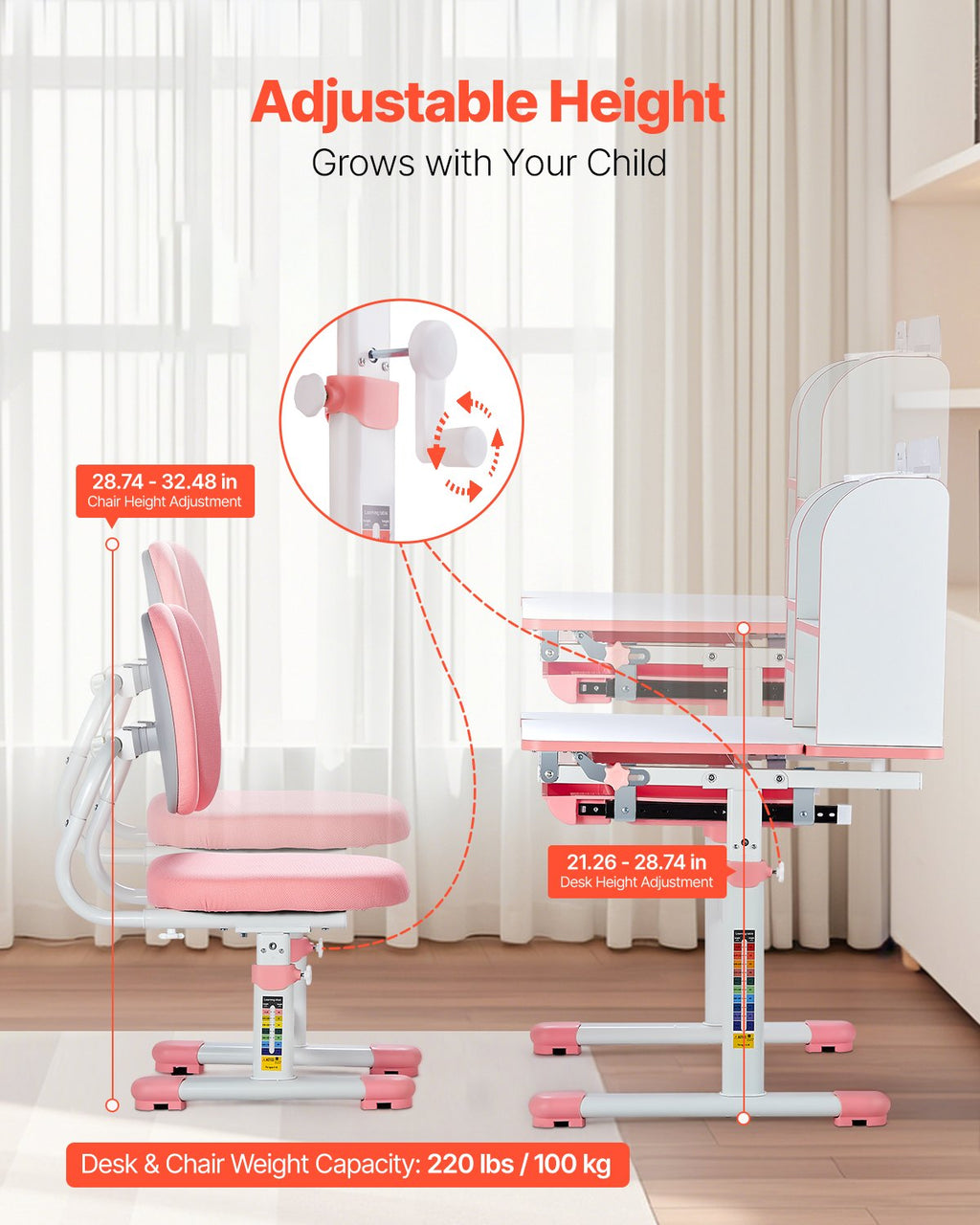 Kids Study Chair And Desk Set, Study Desk And Chair For Kids With Drawer, Adjustable Height & 0-40° Tilted Desktop Desk And Chair, Study Table For Bedroom & Study Room, Pink