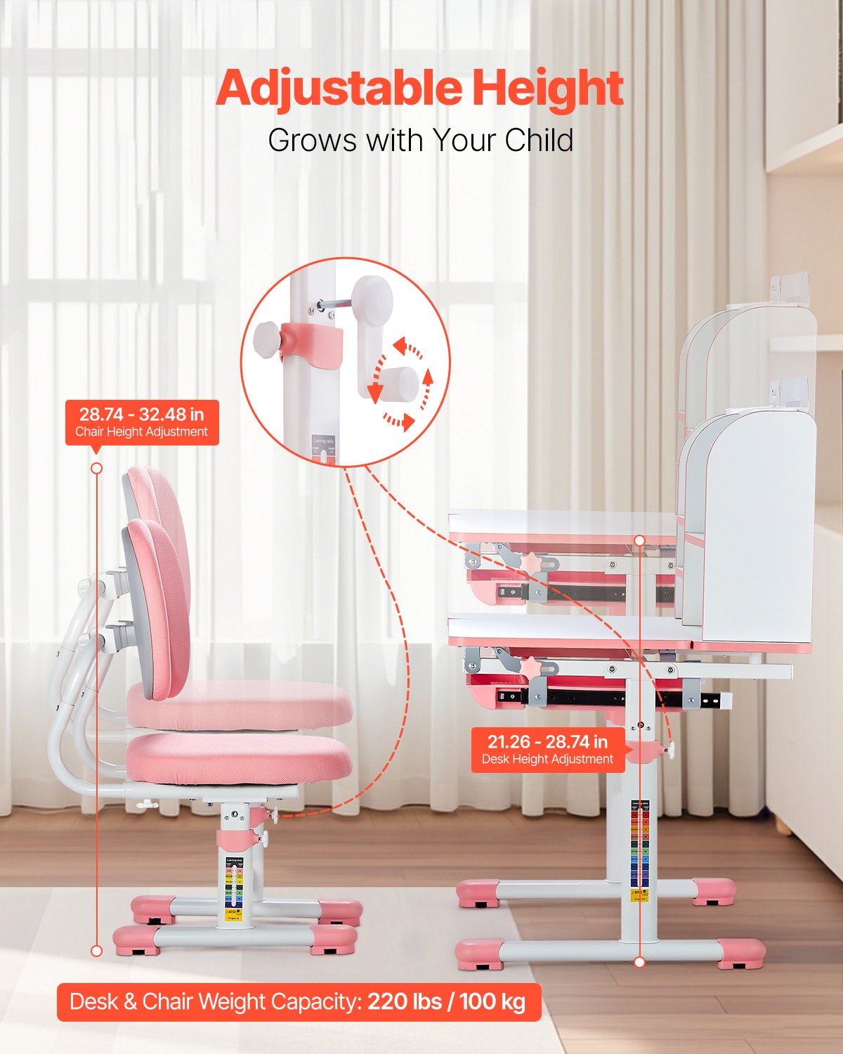 Kids Study Chair And Desk Set, Study Desk And Chair For Kids With Drawer, Adjustable Height & 0-40° Tilted Desktop Desk And Chair, Study Table For Bedroom & Study Room, Pink