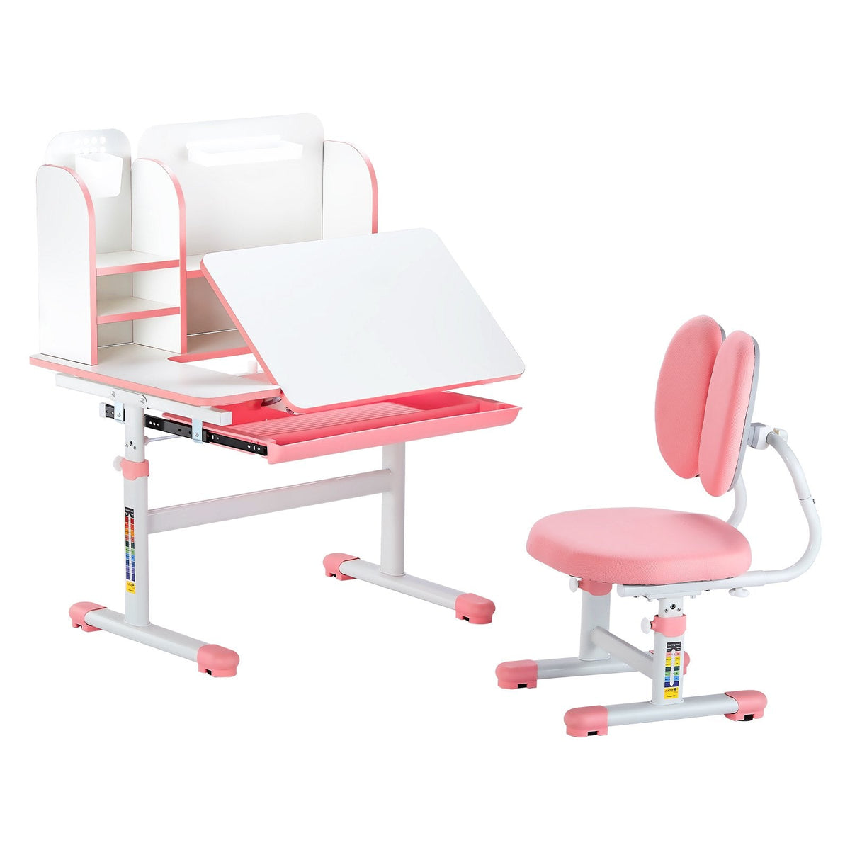 Kids Study Chair And Desk Set, Study Desk And Chair For Kids With Drawer, Adjustable Height & 0-40° Tilted Desktop Desk And Chair, Study Table For Bedroom & Study Room, Pink