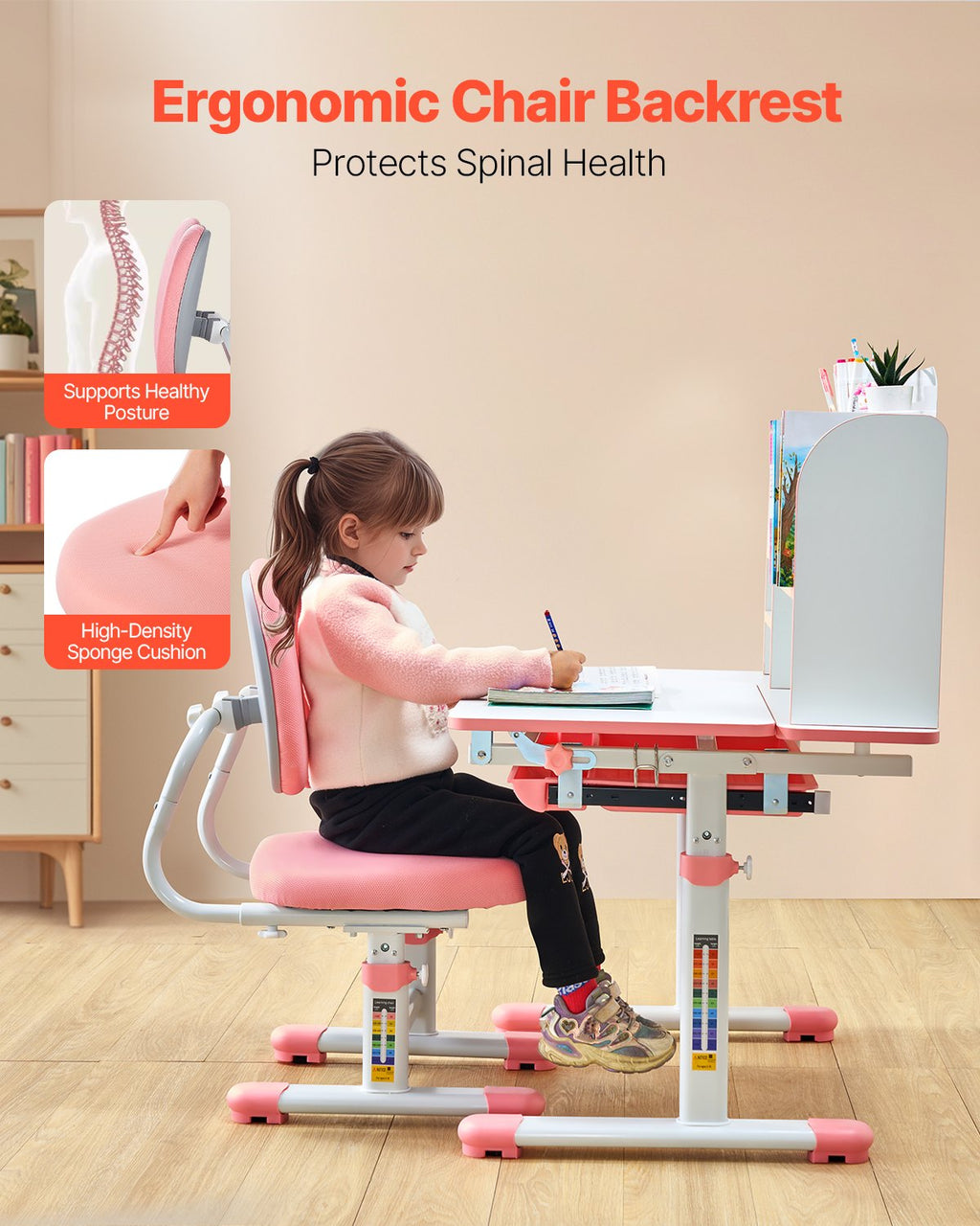 Kids Study Chair And Desk Set, Study Desk And Chair For Kids With Drawer, Adjustable Height & 0-40° Tilted Desktop Desk And Chair, Study Table For Bedroom & Study Room, Pink