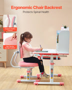 Kids Study Chair And Desk Set, Study Desk And Chair For Kids With Drawer, Adjustable Height & 0-40° Tilted Desktop Desk And Chair, Study Table For Bedroom & Study Room, Pink