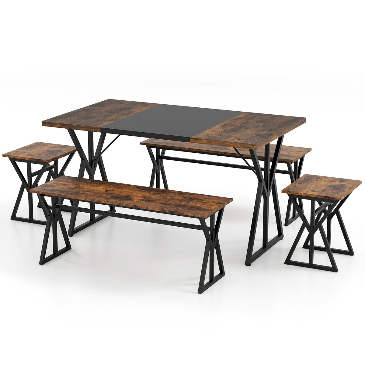 5-Piece Dining Room Set Industrial Rectangular Kitchen Table with 2 Benches and 2 Stools-Rustic Brown