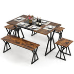 5-Piece Dining Room Set Industrial Rectangular Kitchen Table with 2 Benches and 2 Stools-Rustic Brown