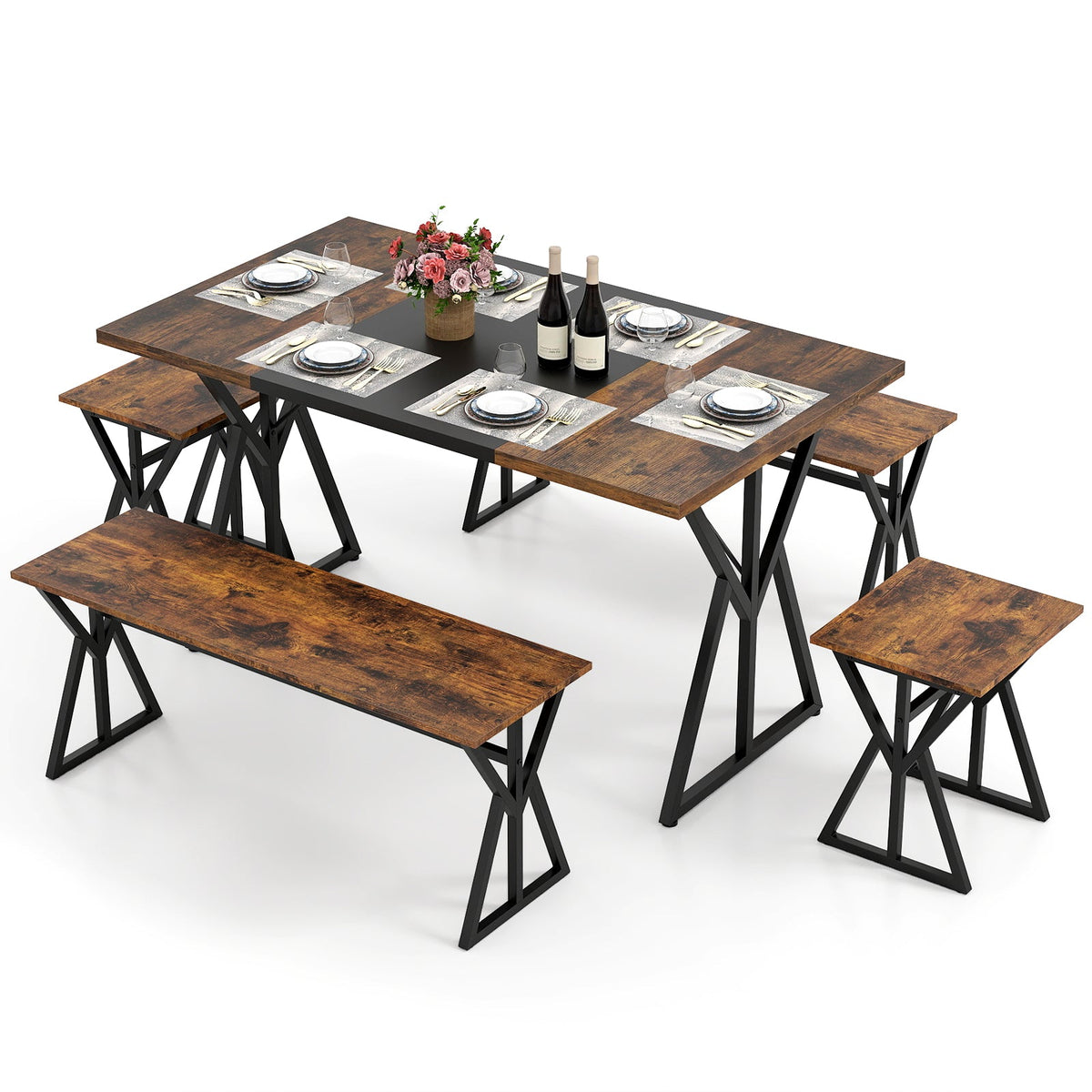 5-Piece Dining Room Set Industrial Rectangular Kitchen Table with 2 Benches and 2 Stools-Rustic Brown