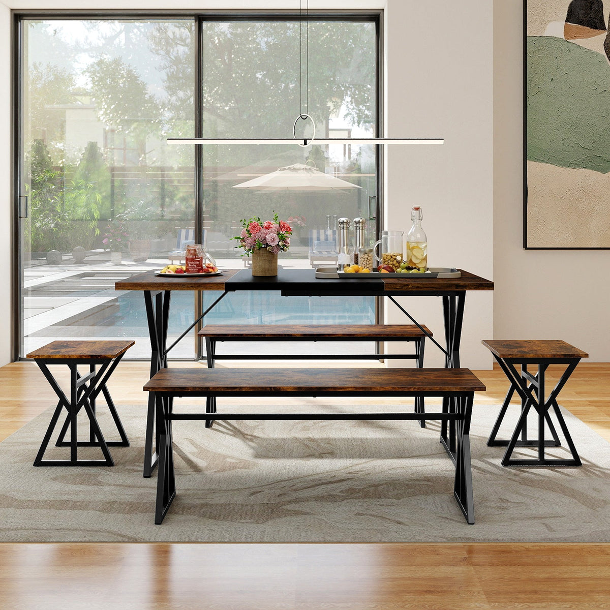 5-Piece Dining Room Set Industrial Rectangular Kitchen Table with 2 Benches and 2 Stools-Rustic Brown