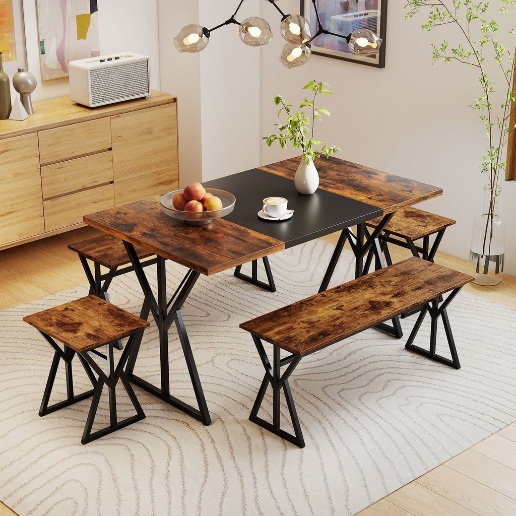 5-Piece Dining Room Set Industrial Rectangular Kitchen Table with 2 Benches and 2 Stools-Rustic Brown