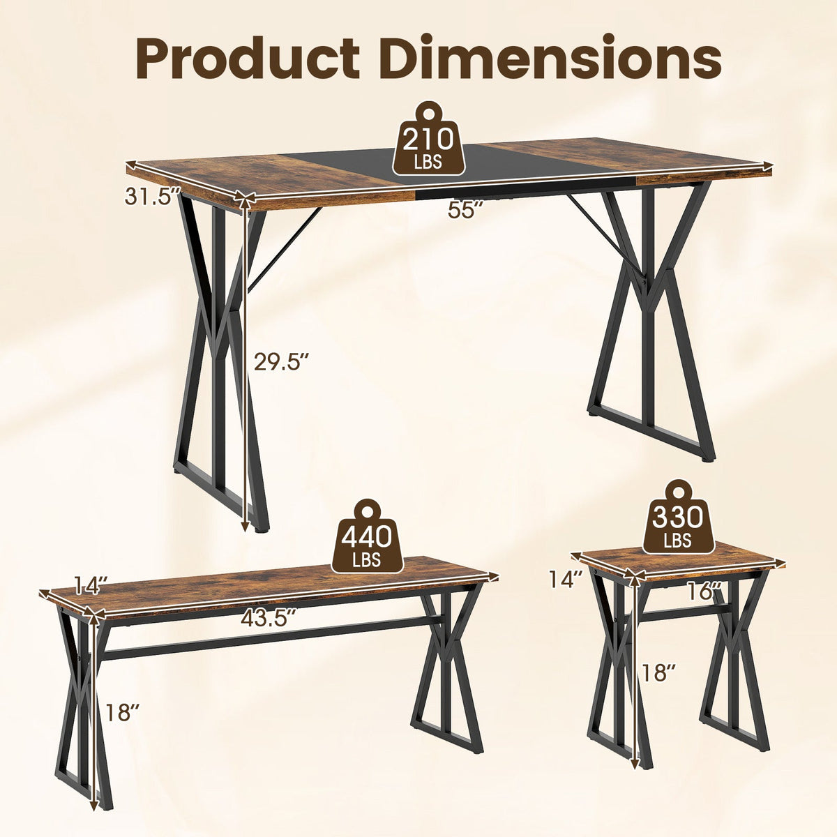 5-Piece Dining Room Set Industrial Rectangular Kitchen Table with 2 Benches and 2 Stools-Rustic Brown