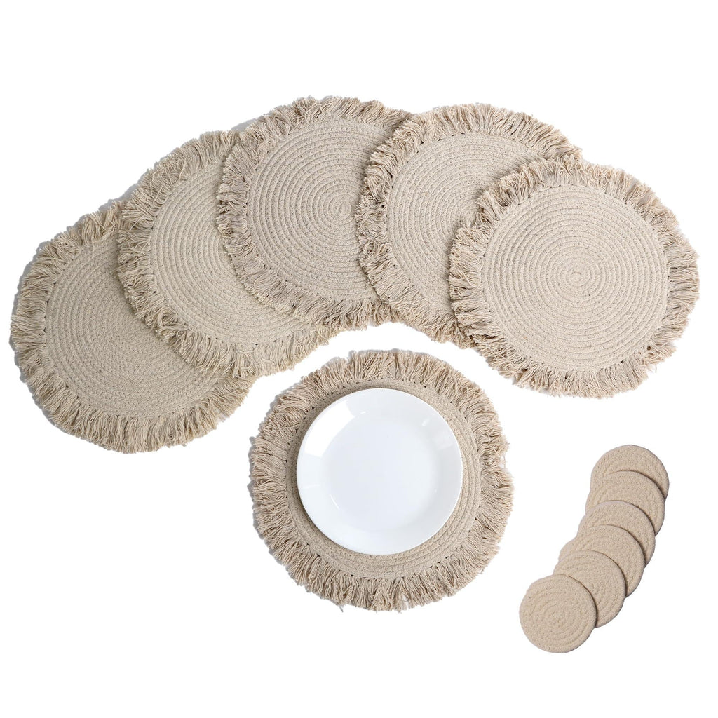 The Fine Living Co. Braided Cotton Placemats (Set of 6 15 Inches) with 6 Free Coasters Washable Anti Slip Heat Resistant Mats Boho Woven Round Table Mats for House Decor Kitchen and Dining