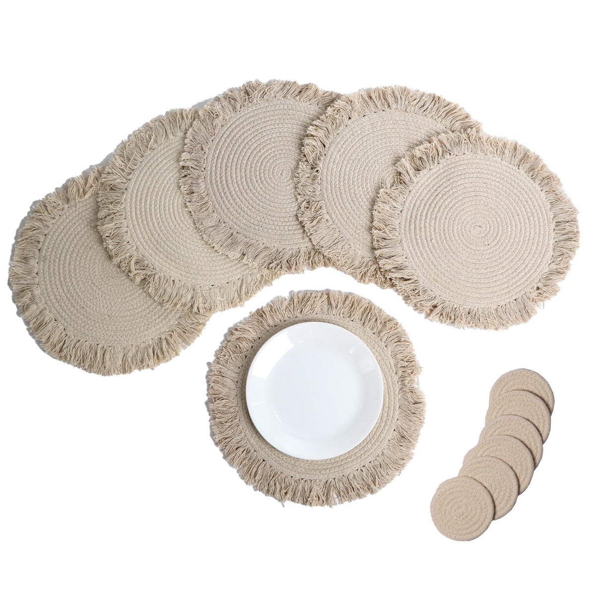 The Fine Living Co. Braided Cotton Placemats (Set of 6 15 Inches) with 6 Free Coasters Washable Anti Slip Heat Resistant Mats Boho Woven Round Table Mats for House Decor Kitchen and Dining