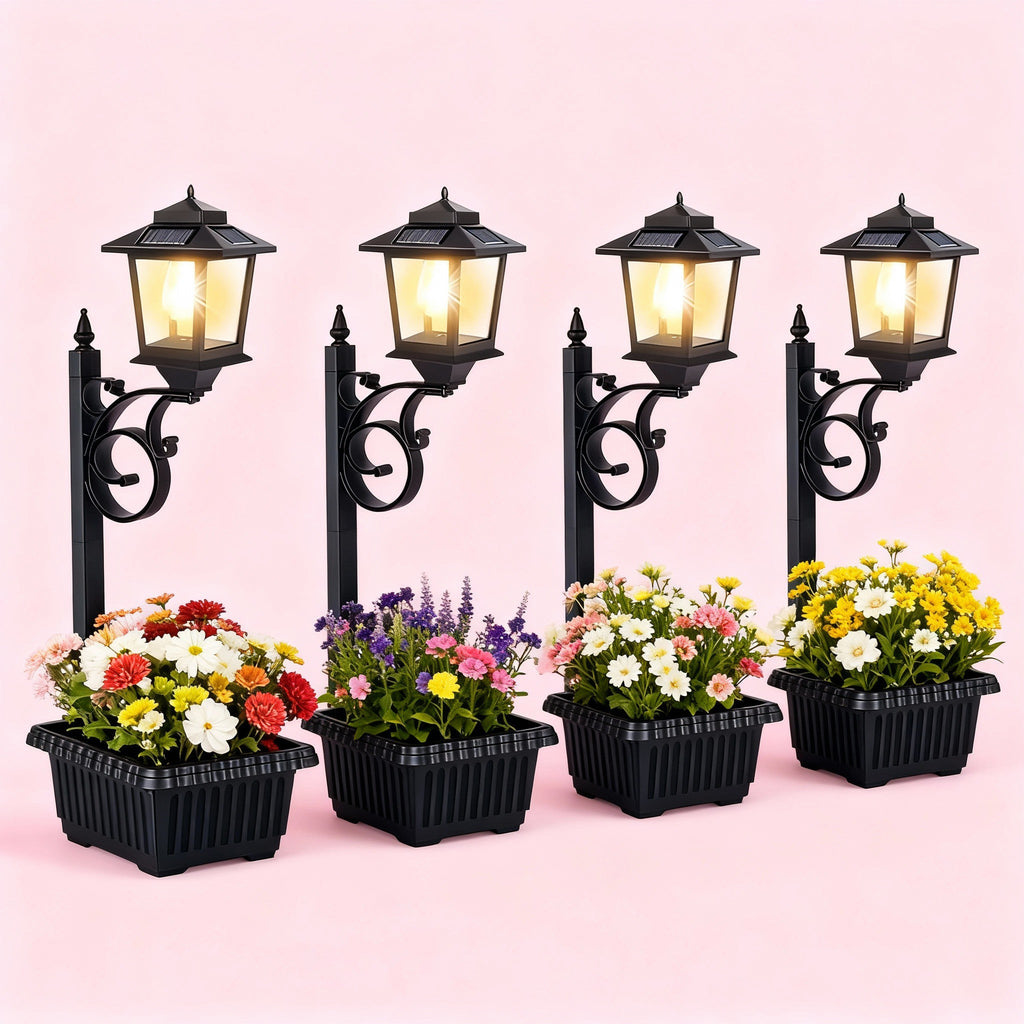 Solar Lamp Post with Flower Pot – Outdoor Garden & Patio Light – Multi Pack