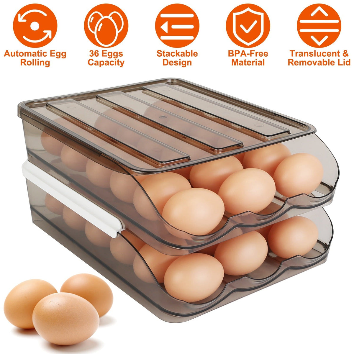 Egg Container Holder for Refrigerator Double Layer Egg Storage Box with Lid Automatic Rolling Egg Box Organizer Bin Tray Rack 36 Eggs