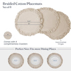 The Fine Living Co. Braided Cotton Placemats (Set of 6 15 Inches) with 6 Free Coasters Washable Anti Slip Heat Resistant Mats Boho Woven Round Table Mats for House Decor Kitchen and Dining