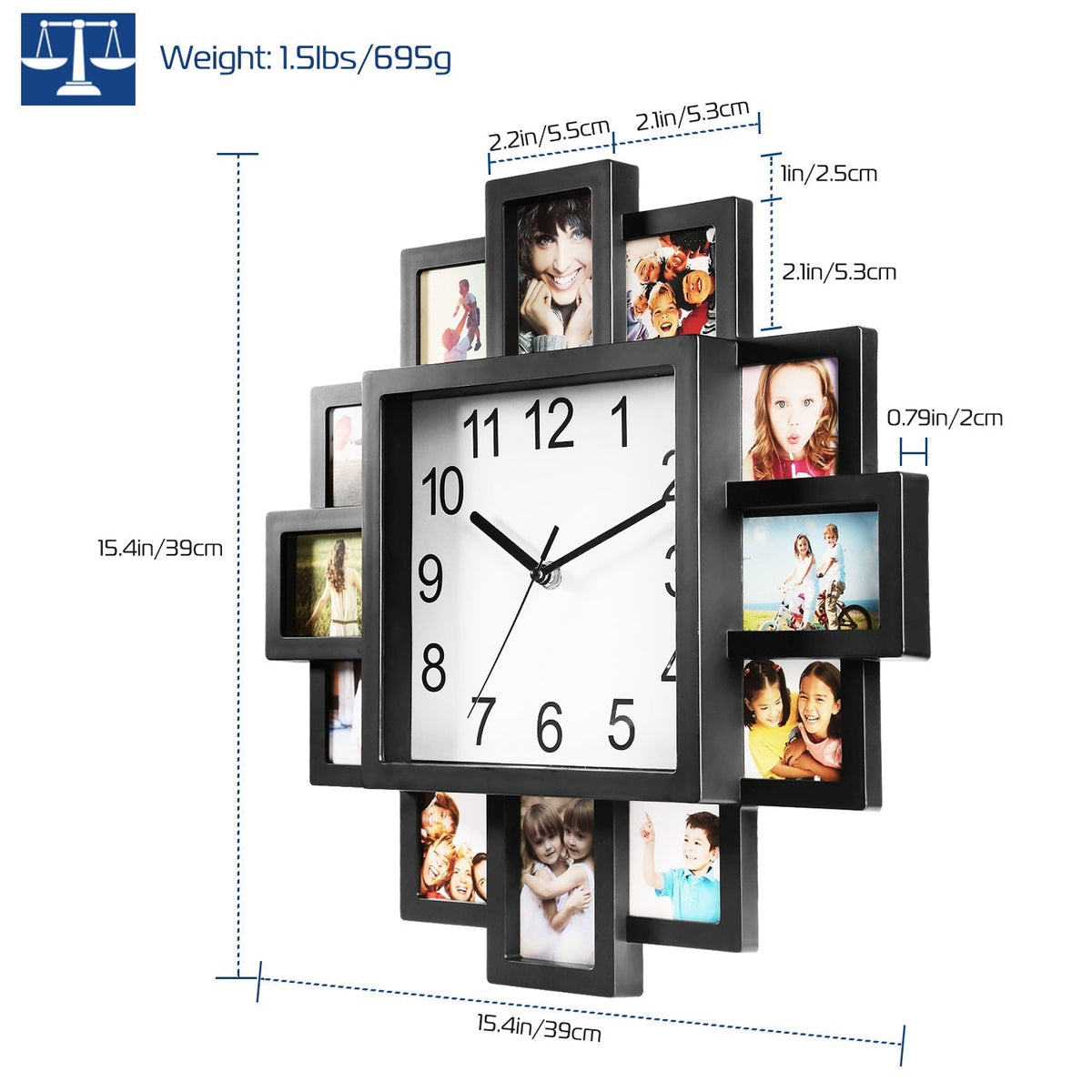 12-Photo Collage Wall Clock – Home Decor Frame Clock