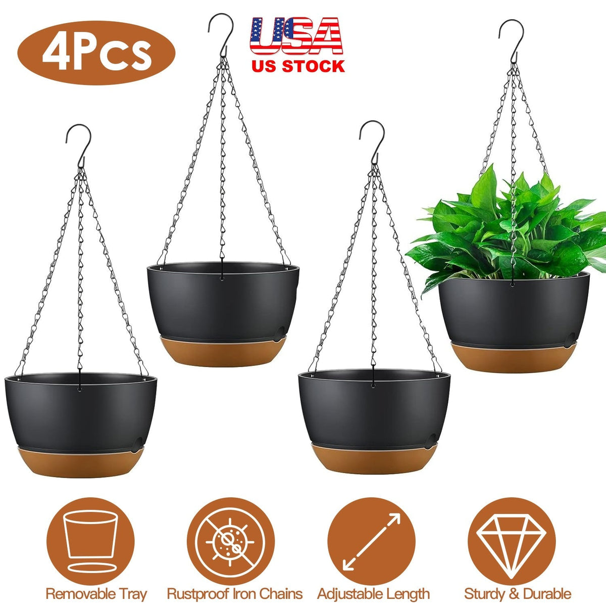 4Pcs 9.64In Diameter Hanging Planter with Drainage Holes Removable Self-Watering Tray Plastic Hanging Flower Plant Pots For Indoor Outdoor Herb Ivy Fe