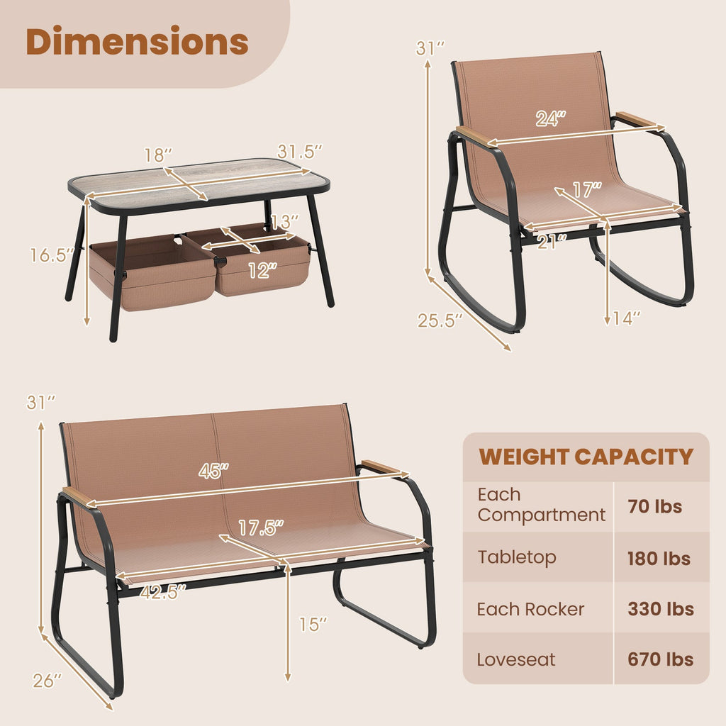 4 Pieces Patio Furniture Set with Rocking Bistro Chairs and Breathable Mesh Fabric-Coffee