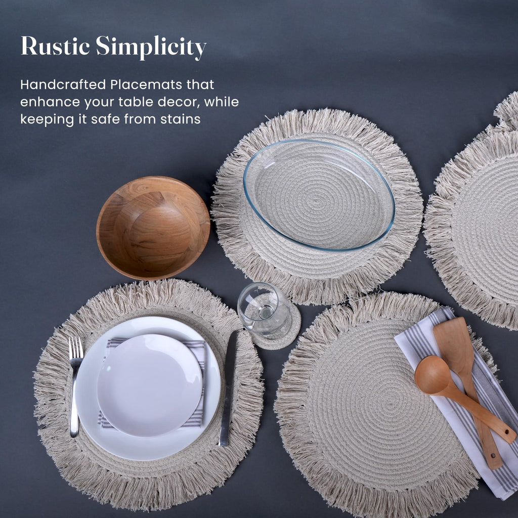 The Fine Living Co. Braided Cotton Placemats (Set of 6 15 Inches) with 6 Free Coasters Washable Anti Slip Heat Resistant Mats Boho Woven Round Table Mats for House Decor Kitchen and Dining