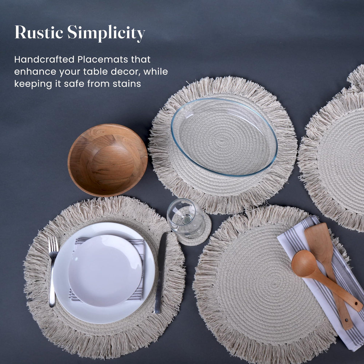 The Fine Living Co. Braided Cotton Placemats (Set of 6 15 Inches) with 6 Free Coasters Washable Anti Slip Heat Resistant Mats Boho Woven Round Table Mats for House Decor Kitchen and Dining