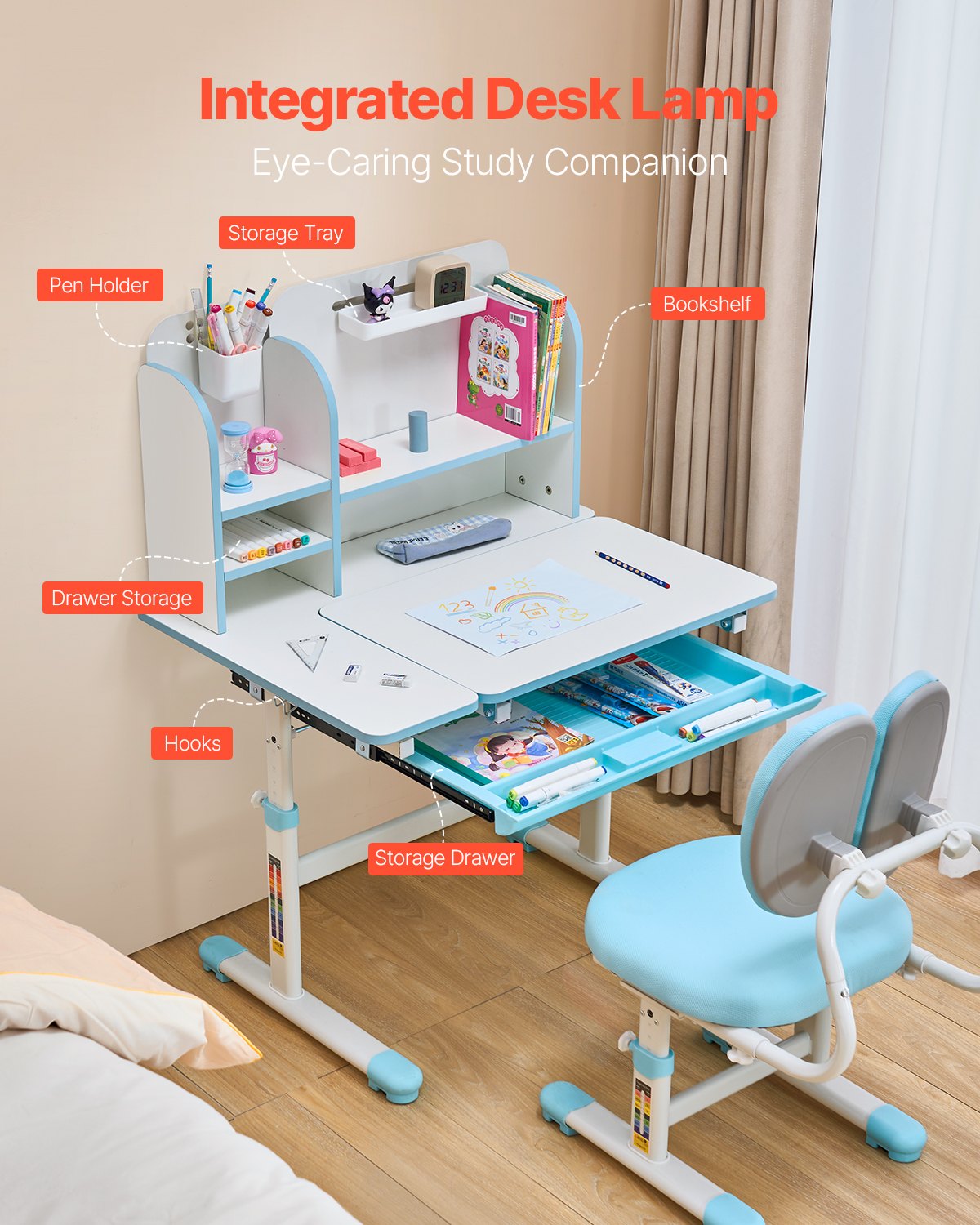 Kids Study Chair And Desk Set, Study Desk And Chair For Kids With Drawer, Adjustable Height & 0-40° Tilted Desktop Desk And Chair, Study Table For Bedroom & Study Room, Blue