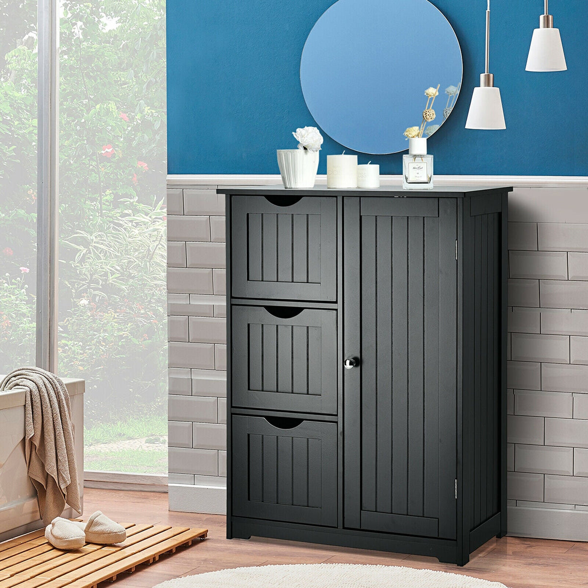 Bathroom Floor Cabinet Side Storage Cabinet with 3 Drawers and 1 Cupboard