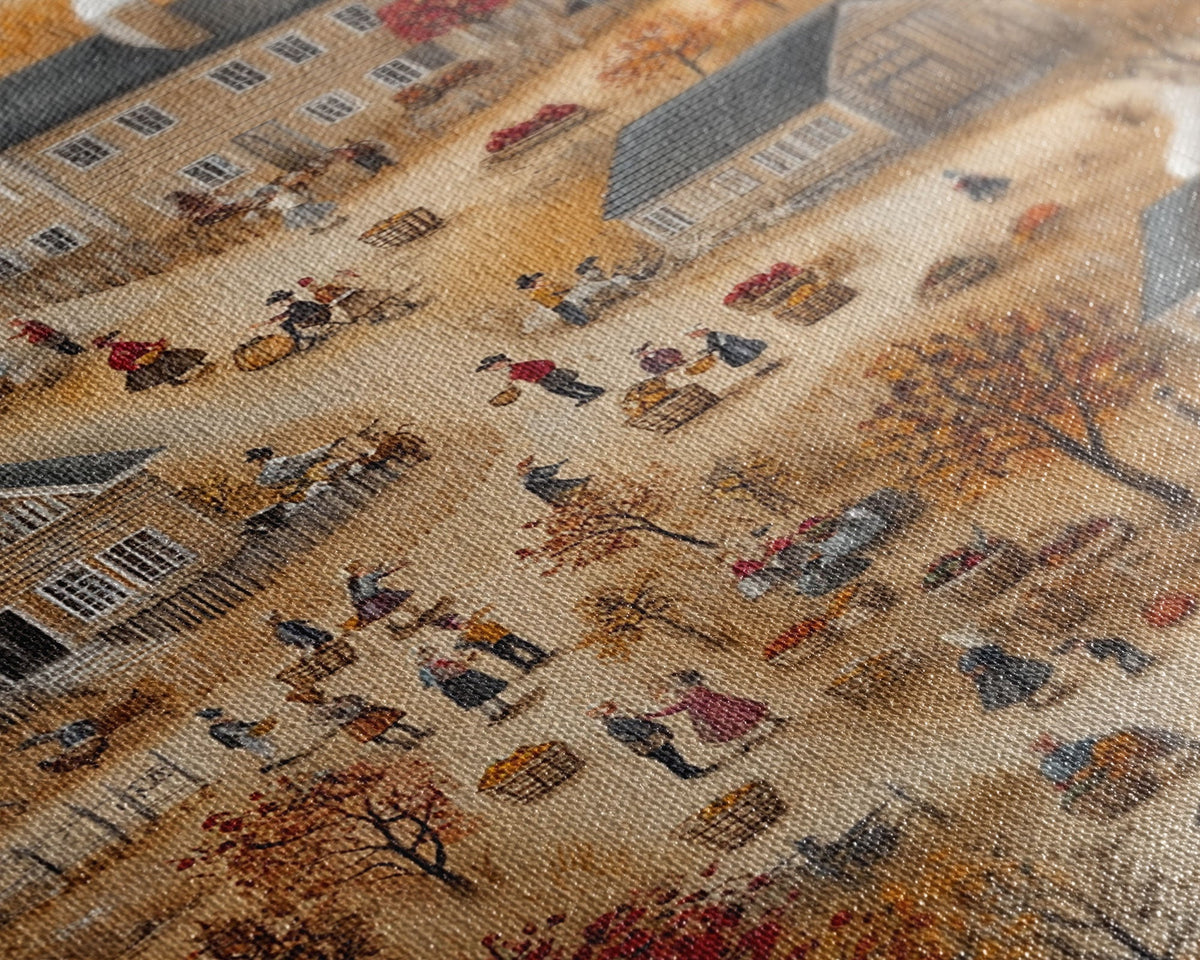 Folk Art Harvest Scene with Autumn Colors and Cozy Farm Activities, Perfect for Framed Canvas Print and Seasonal Wall Decor