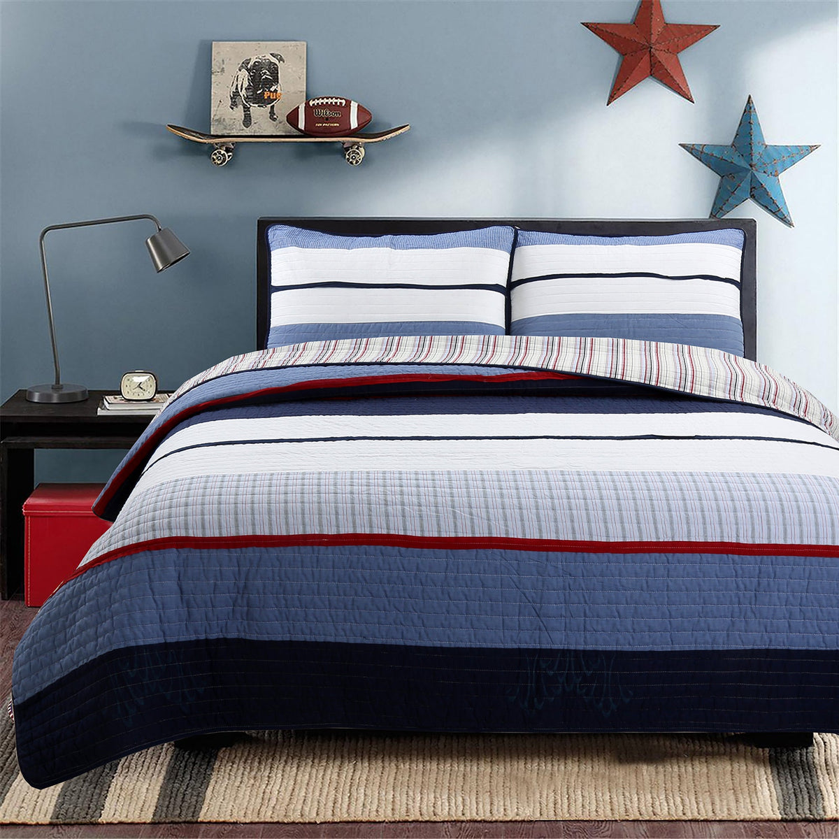 Levi Jean Stripped Denim Blues Cotton Reversible Quilt Bedding Set