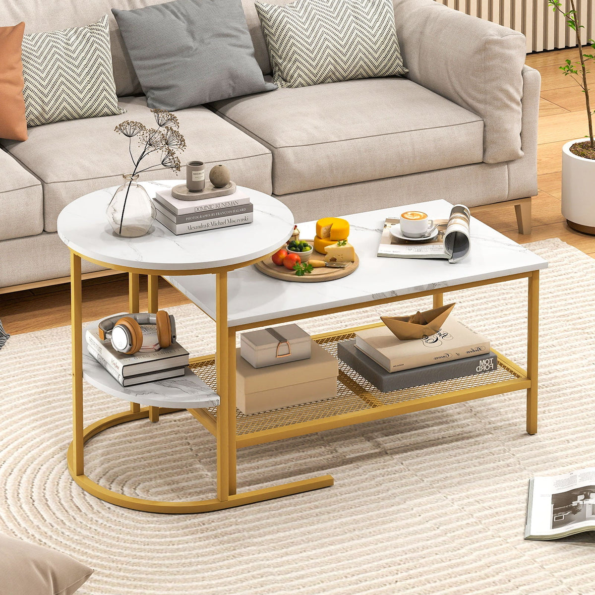 Coffee Table 2-Tier Rectangle Coffee Table and Side End Table with Storage Shelves