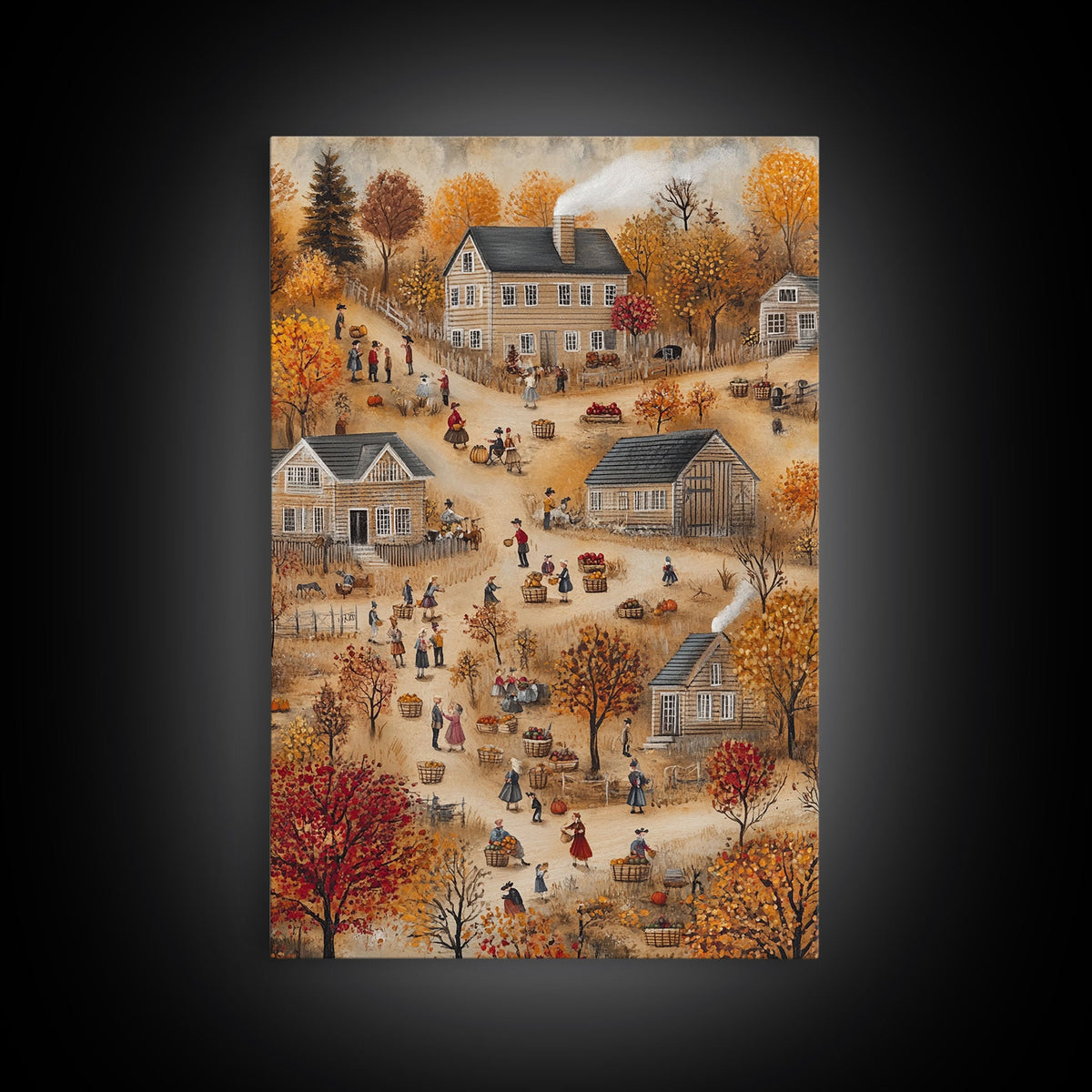 Folk Art Harvest Scene with Autumn Colors and Cozy Farm Activities, Perfect for Framed Canvas Print and Seasonal Wall Decor