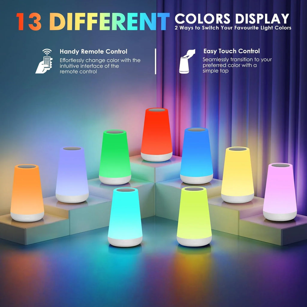 LED 13-Color Changing Night Light Remote Control Touch USB Rechargeable RGB Dimmable Portable Table Bedside Lamp