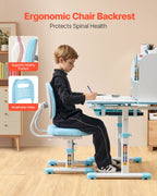 Kids Study Chair And Desk Set, Study Desk And Chair For Kids With Drawer, Adjustable Height & 0-40° Tilted Desktop Desk And Chair, Study Table For Bedroom & Study Room, Blue