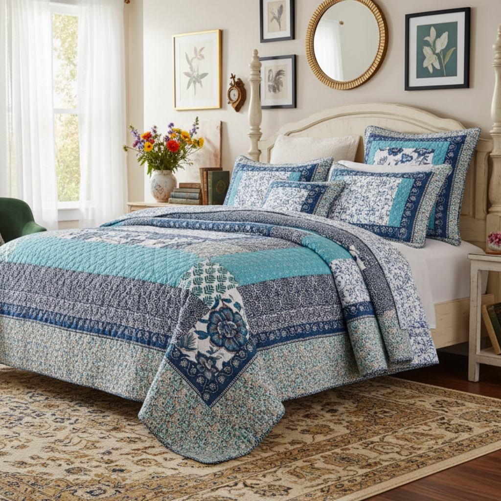 Tache cotton Floral Patchwork Blue Elegance Bedspread Coverlet Quilt Set (JHW-657)