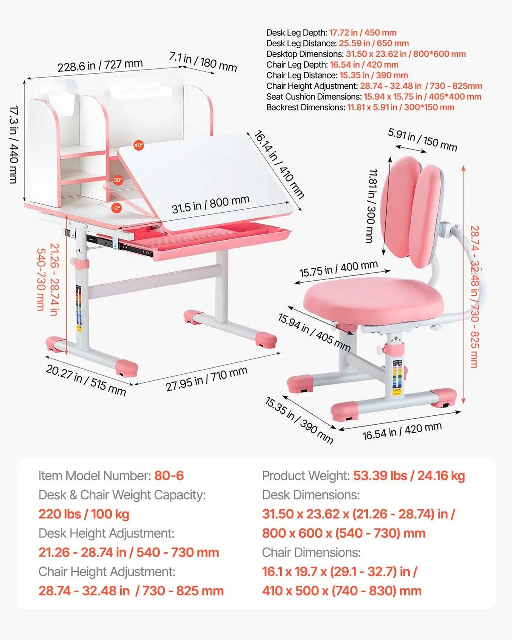 Kids Study Chair And Desk Set, Study Desk And Chair For Kids With Drawer, Adjustable Height & 0-40° Tilted Desktop Desk And Chair, Study Table For Bedroom & Study Room, Pink