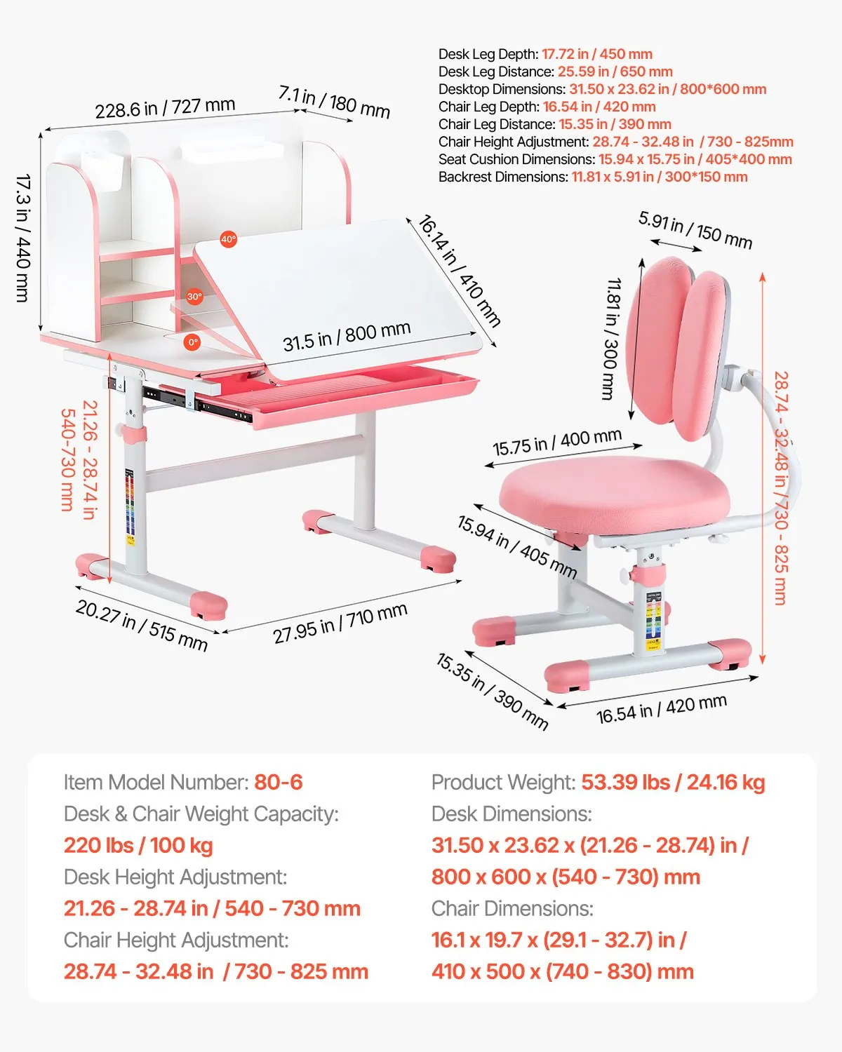 Kids Study Chair And Desk Set, Study Desk And Chair For Kids With Drawer, Adjustable Height & 0-40° Tilted Desktop Desk And Chair, Study Table For Bedroom & Study Room, Pink