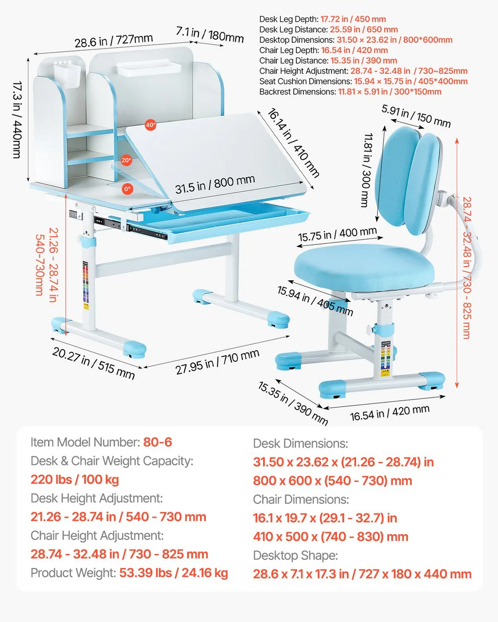 Kids Study Chair And Desk Set, Study Desk And Chair For Kids With Drawer, Adjustable Height & 0-40° Tilted Desktop Desk And Chair, Study Table For Bedroom & Study Room, Blue